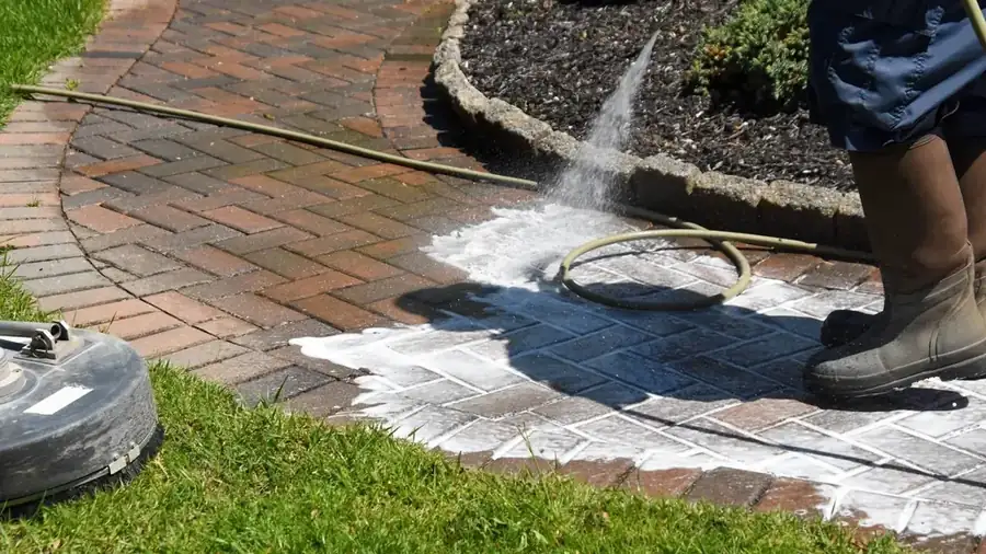 Brick paver border being rinsed, white cleaning foam lifting off the pavers beside a mulch bed